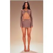 Premium Taupe Double Layer Slinky Ring Detail Mini Skirt, Taupe
