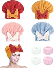 4Pcs Super Absorbent Hair Towel Wrap, FHDUSRYO Microfiber Hair Drying Towel Caps, Bowknot Fast Drying Hair Turban Wrap Towel with 4 Washing Wristbands, Soft Quick Drying Cap for Women, Wet Hair