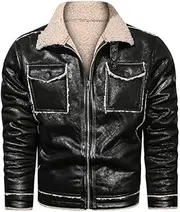 [SWEPER] Men'S Fleece Coat - Winter Men'S Pu Leather Jacket Mens Fleece Warm Motorcycle Jackets Casual Outdoor Thermal Leather Coats Men Clothing