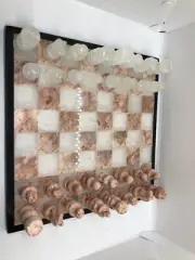 Marble/onix Chess Set Hand-Carved Figures White & Salmo Game board Holiday Gift