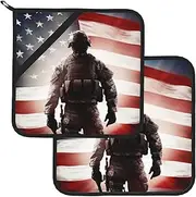 2 Pack Pot Holders for Kitchen Heat Resistant Potholders American Flag Soldier Pot Holders Set Washable Hot Pads with Loop Non Slip Potholders for Cooking Baking BBQ Microwave 8 x 8 Inch