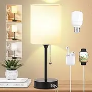 Clora Bedside Lamp with USB C+A Charging Ports, 3 Color Temperatures Nightstand Table Lamp with Pull Chain, Metal Base & Fabric shade for Living Room, Bedroom, Home, Office, Dorm(6W LED Bulb Included)