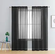 Set of 2 Luxton Black Sheer Curtains, Rod Pocket Voile Curtain Panels 140x213cm (Black Colour)
