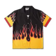 Men And Women Couples Yellow Flame Digital Printing Tide Brand Casual Loose Short-sleeved Shirt M