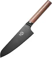 MITSUMOTO SAKARI 17 cm Japanese Chef Knife, Professional Black Titanium Coated Santoku Chef's Knife, German Premium Alloy Steel Meat Sushi Kitchen Knives (Walnut Handle and Box Package)