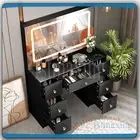 Black Dressing Table With Large Smart LED Mirror & 7 Drawers Makeup Vanity Desk