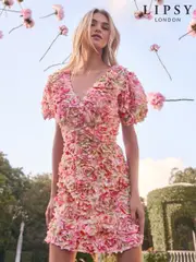 Lipsy Pink Premium Textured 3D Floral Short Sleeve Skater Mini Dress (AT9226) | $335