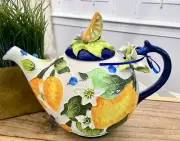 Blue Sky Clayworks Lemon Teapot With Blueberries Ceramic, Hand Painted NIB