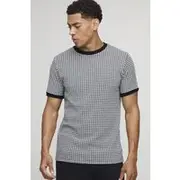 Mens Black Smart Slim Dogtooth Jacquard Ringer T-shirt