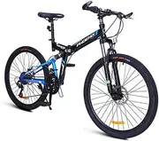 Mountain Folding Bicycle, 24" Double Suspension High Carbon Steel Frame Bicycle 24 Speed Quick Folding Double Shock Absorption Male and Female Bicycle,BlackBlue