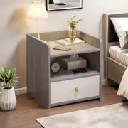 Bedside Table Bedroom Nordic Light Gray & Warm White with Drawer & Open Shelf