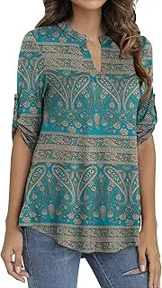 [GingDin] Womens Tops 3/4 Sleeve Plus Size Floral Print V Neck Blouses & Shirts Size Large/1X-Large/2X-Large/3X-Large/4X-Large