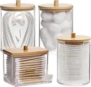 Tbestmax 4 Pack Qtip Holder Bathroom Container, 10/7oz Cotton Ball Cotton Swabs Pads Dispenser, Apothecary Jar with Bamboo Lids for Organizer and Storage (Beige)