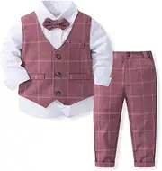 [Abolai] Baby Boys' 4 Piece Classical Gentleman Set with White Shirt,Bowtie,Plaid Vest and Plaid Pants