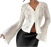 [Generic] Lace Cardigan Breasted Shirt Women's Loose Long Bell Sleeve Blouse Tops Button Front Base