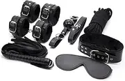 Lotta Luv Kink BDSM Bondage Set: 7-Piece Collection with Whip, Cuffs, Leash, Ties, Blindfold, Rope for Intense Sensual Exploration (Black)
