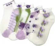 [Flerivva] Women Sheer Mesh Ankle Socks Thin Nylon Transparent Novelty Cat Floral Sock 5 Pack for Girls