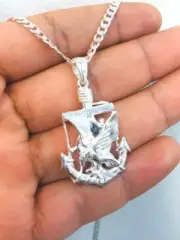 Italian Sterling Silver Eagle Charm Necklace Pendant Men's Cuban Link Chain 24"