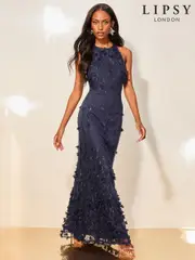 Lipsy Navy Premium Floral 3D Textured Halter Maxi Dress (AM5719) | $369