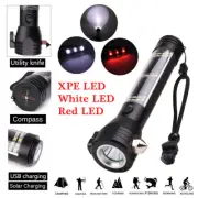 Solar Power LED Flashlight 9in1 Multi-functional Safety Hammer Torch Light