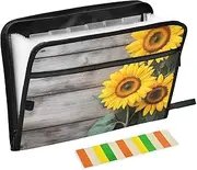Quteprint 13 Pockets Expanding File Folder with Zipper Closure, Sunflowers Wooden Flowers Accordion File Folder with Sticky Labels, Letter Size A4 Papers Expandable File Document Organizer