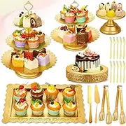 Cupcake Stand Set, 19 PCS Dessert Table Display Set Gold Metal Cake Stands with Tiered Tray Stands Cake Platter Cake Knife and Server Set for Party, Candy Table Display Set for Wedding Birthday Baby