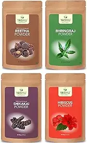 YASHU Pure Organic Hibiscus Shikakai Reetha Bhringraj Powder for Hair Fall Control | Hair Pack Combo for Dried & Damaged Hair | Pack of 4 (400g)
