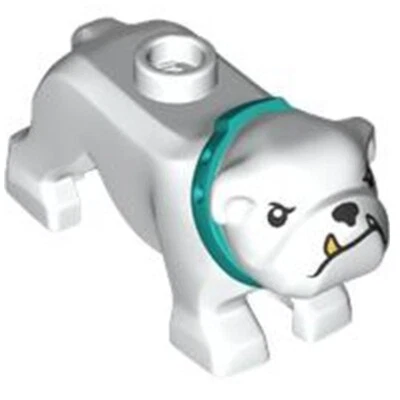 Lego White Bulldog Dark Turquoise Collar Black Eyes, Nose, Mouth & Gold Tooth