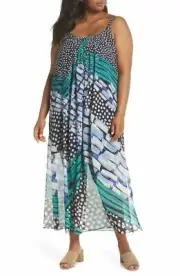 Nic + Zoe Plus Size BLOOM ME AWAY Blue White Green Abstract Print Maxi Dress 1X