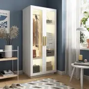 LED Wardrobe Cabinet Armoire Closet Clothes Organiser Storage Shelves Drawers Glass Door Wooden Bedroom Furniture Hanging Rail Rod White 80x50x180cm