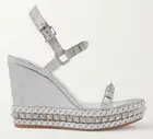 Christian Louboutin Pyraclou 110 Silver Glitter Platform Wedge Sandal Heel 37