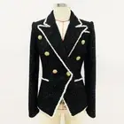 Women Lady Double Breasted Black Tweed Blazer Coat Gold Buttons Slim Fit Jacket