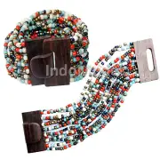 Multicolor with Gold Bali Bracelet Hardwood Buckle Clasp Elastic Glass Beads