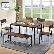 Industrial Style Dining Table Set with 6 Chairs and Bench Wooden Steel Frame Kitchen Dining Set (UK Only)