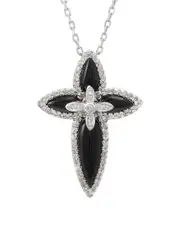 Silver 0.22 ct. tw. Diamond & Onyx Cross Necklace