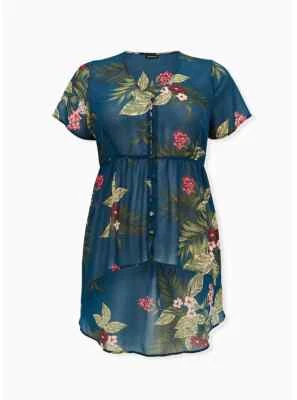 Torrid Tropical Floral Chiffon Hi Lo Babydoll Tunic Sheer Teal 2X 18 20 #86087