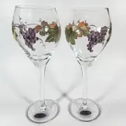 Pair of WINE THINGS Hand Painted Wine Glasses w/ Grapes, Vines & Leaves Romania