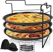 Pizza Tray Set for Oven - 3 Pack Round Pan With Folding Rack, 11 Inch Non-Stick With Holes & Silicone Gloves - Bakeware for Baking, Cooking, Grilling