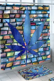 Blue Weed Leaf over Multi Colored Bricks Shower Curtain