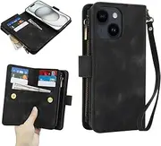 GoshukunTech for iPhone 14 Plus Wallet Case with 9 Card Holders,for iPhone 15 Plus Case Zipper Coin Pocket PU Leather Flip Cover Kickstand Protective Phone Purse with Wrist Strap-Black