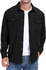 [QIXING] Men's Casual Shirt Jacket Long Sleeve Casual Shirt Men's Jacket Regular Fit Button Down Shirt with Flap Pocket
