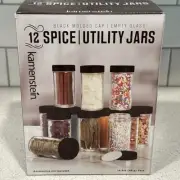 Kamenstein 5244227 Empty Clear Glass Jars w/ Black Cap Set 12 Spice Utility Jars