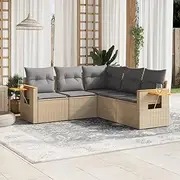 5 Piece Garden Sofa Set with Cushions Beige Poly Rattan, Conversation Sets