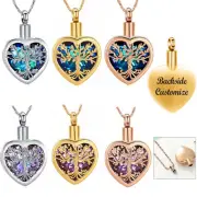Stainless Steel Tree of Life Crystal Heart Cremation Pendant Urn Necklace Ashes