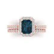 2.22Ct Emerald Cut Topaz Gemstone Halo Bridal Set (Ring + Band) Solid Rose Gold