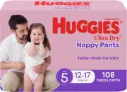 Huggies Ultra Dry Nappy Pants Girls Size 5 (12-17Kg) 108 Count (2 X 54 Pack) - P