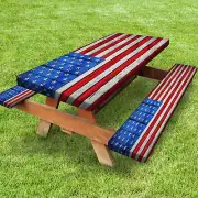 American Flag Picnic Table Cover with Bench Covers Set Wood Texture Waterproof