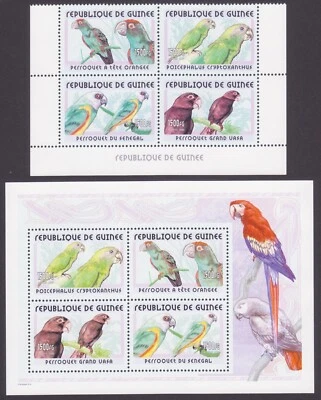 REPUBLICA DE GUINEA 2001 FAUNA LOROS 4 VALORES + HOJITA BLOQUE NUEVOS MNH