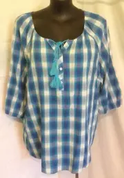 AUTOGRAPH BLUE & WHITE "GINGHAM CHECK" 3/4 SLEEVES PEASANT TOP SZ 22-REDUCED $