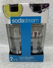 Soda Stream Black Lid Carbonating Reusable Bottles 2 Pack 1 Liter each